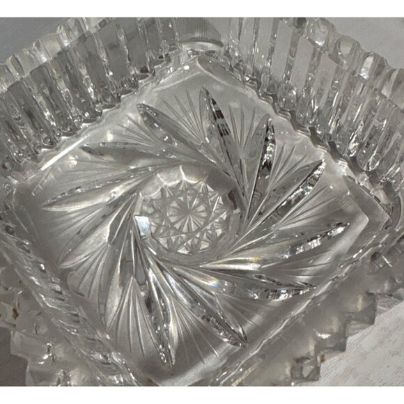 Crystal Ashtray Square Vintage Pinwheel Clear Cut Glass Ribbed & Etched Heavy - Picture 6 of 8